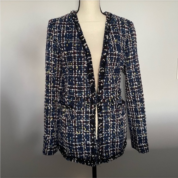 HALOGEN Tweed Blue Navy Textured Fringe Casual Blazer Jacket Button Pockets XS - Picture 7 of 13